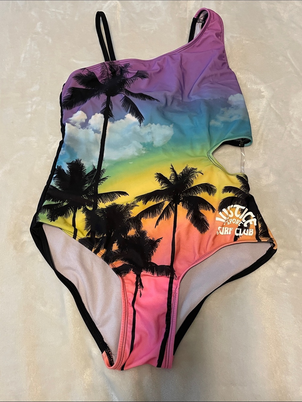 Justice Girls One-Piece Swimsuit - Rainbow Gradient with Black Palm Silhouettes